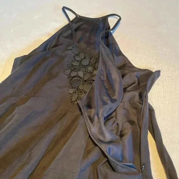 Women’s Empire Halter Dress Small S Black Silk Pockets Midi  Dress Embroidered - Picture 10 of 11